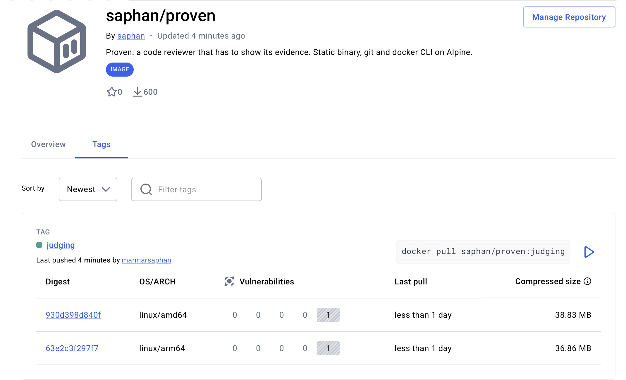 Docker Hub: the judging tag of saphan/proven for amd64 and arm64, with no critical, high, medium or low vulnerability